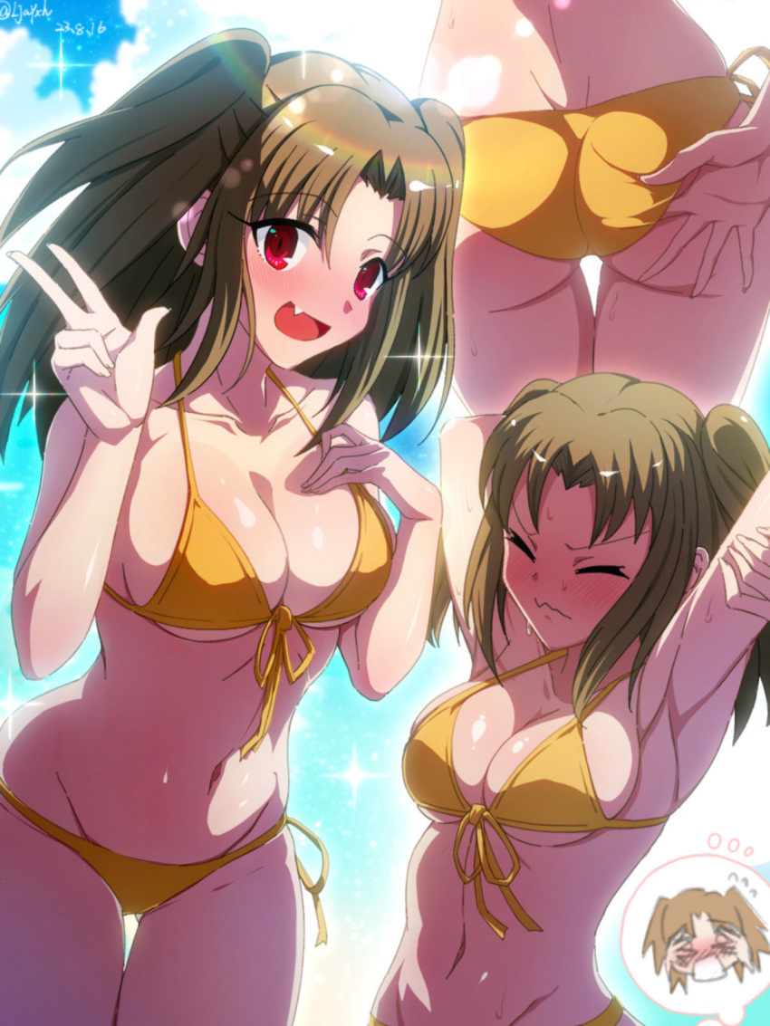1girl adjusting_clothes adjusting_swimsuit alternate_costume armpits ass ass_visible_through_thighs bikini blue_sky blush breasts brown_hair chibi cleavage closed_eyes closed_mouth cloud commentary_request fang flying_sweatdrops hand_on_own_chest highleg highleg_bikini highres medium_breasts melty_blood navel outdoors parted_bangs red_eyes shousumi_(ljayxh) sky smile solo stomach sweat swimsuit tsukihime twitter_username two_side_up v yellow_bikini yumizuka_satsuki