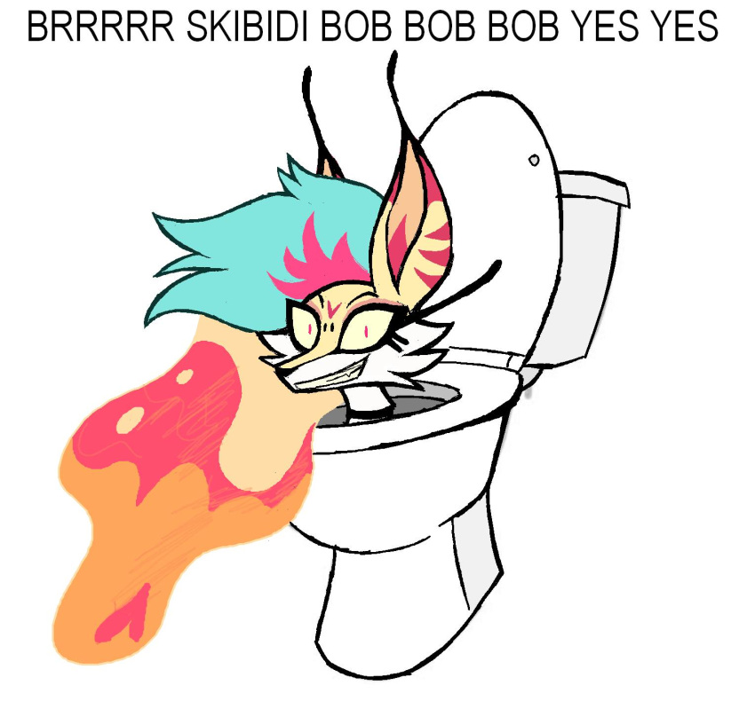 antennae_(anatomy) anthro arthropod bee big_ears canid canine cursed_image female fox fur hair helluva_boss hi_res hylesannei hymenopteran insect mammal multicolored_hair queen_bee-lzebub_(helluva_boss) skibidi_toilet smile solo toilet what_has_science_done where_is_your_god_now yellow_body yellow_fur