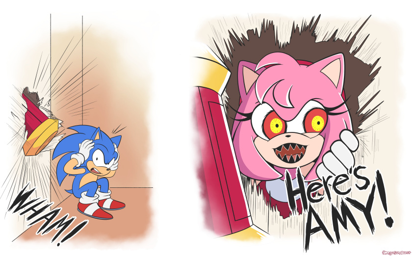 2023 absurd_res amy_rose anthro clothing duo english_text eulipotyphlan female footwear gloves handwear hedgehog hi_res male mammal omegasunburst open_mouth parody piko_piko_hammer sega sharp_teeth sonic_the_hedgehog sonic_the_hedgehog_(series) sound_effects stephen_king_(copyright) teeth text the_shining