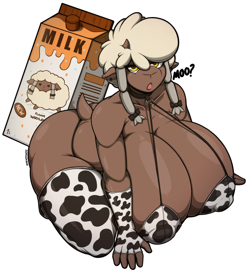 absurd_res all_fours animal_print anthro big_breasts bovid breasts brown_body caprine cleavage clothed clothing cow_print curvy_figure dialogue dolly_(zomboyde) ear_piercing female hair hi_res huge_breasts legwear looking_at_viewer mammal milk panties piercing scut_tail sheep short_tail simple_background sleeves solo tail thick_thighs thigh_highs underwear voluptuous white_hair wide_hips yellow_eyes zomboyde