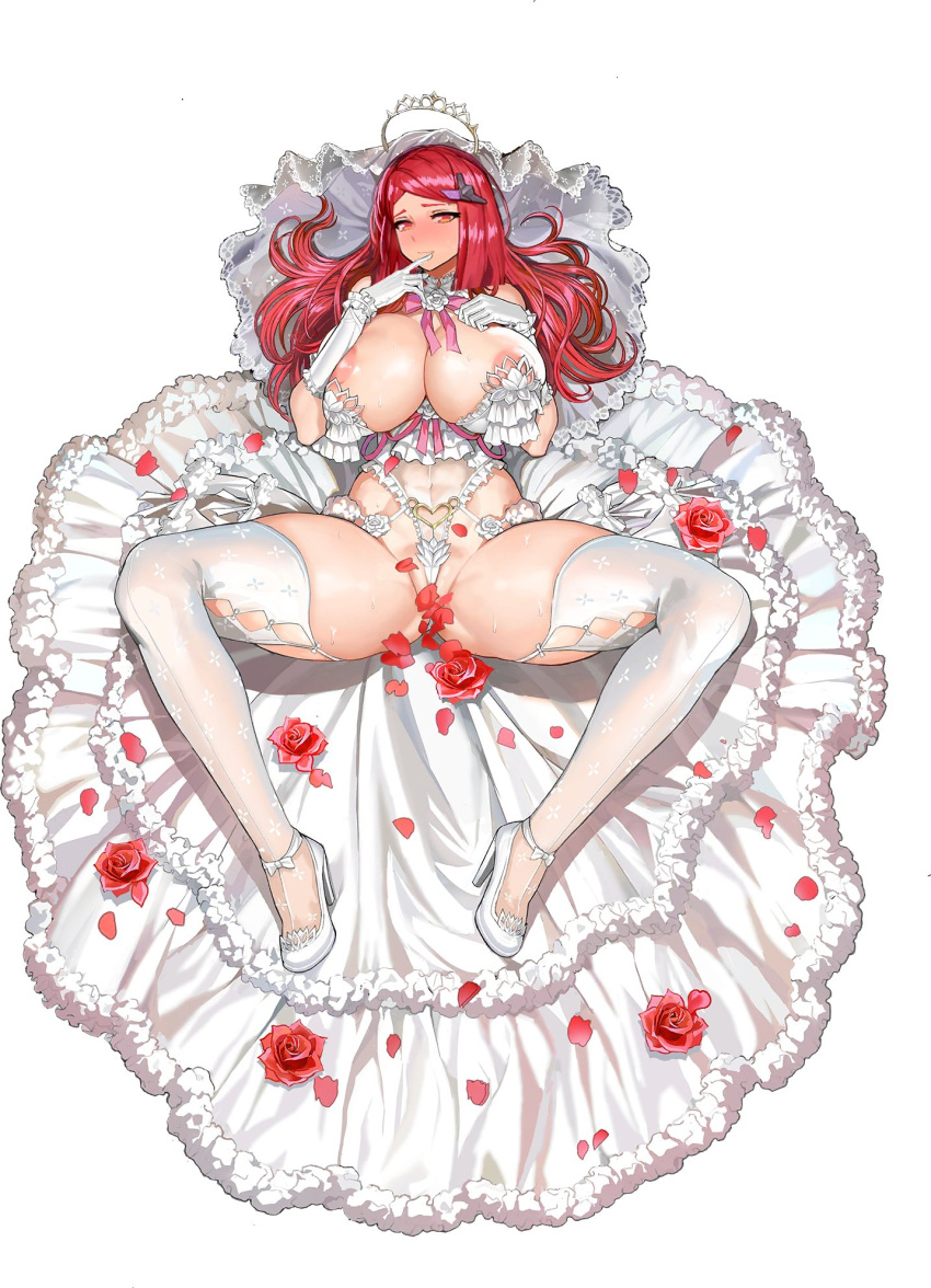 1girl breasts crotch dress flower gintm headshop high_heels highres large_areolae large_breasts legs legs_apart long_hair looking_at_viewer lying nipples on_back original petals puffy_nipples red_eyes red_flower red_hair red_rose rose solo spread_legs thighs third-party_edit wedding_dress white_background