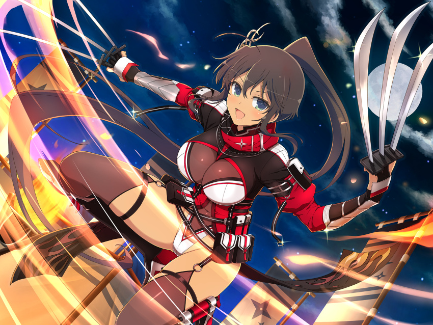 1girl armor banner belt_pouch black_thighhighs blush breasts bridal_gauntlets brown_hair cleavage cloud covered_navel dark-skinned_female dark_skin fire flame flame_print full_moon garter_straps green_eyes groin hair_ornament high_ponytail highres homura_(senran_kagura) japanese_armor katana kote large_breasts leotard long_hair looking_at_viewer moon multiple_swords multiple_weapons multiple_wielding navel night night_sky o-ring o-ring_thigh_strap official_art open_mouth ponytail pouch red_scarf scarf scroll see-through_cleavage senran_kagura senran_kagura_new_link senran_kagura_shoujo-tachi_no_shin'ei shuriken skindentation sky smile solo star_(sky) starry_sky sword tan thigh_strap thighhighs tongue very_long_hair weapon yaegashi_nan