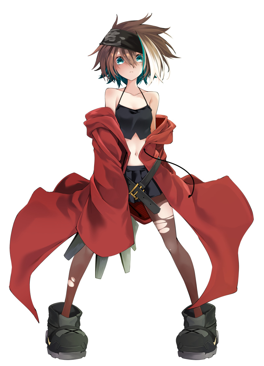 1girl absurdres belt blue_eyes brown_hair coat collarbone commentary_request headband highres ibispaint_(medium) looking_at_viewer mechanical_arms navel off_shoulder original oversized_clothes oversized_footwear oversized_forearms oversized_limbs pantyhose paruvara pigeon-toed red_coat short_hair single_mechanical_arm skirt solo standing straight-on torn_clothes torn_pantyhose white_background
