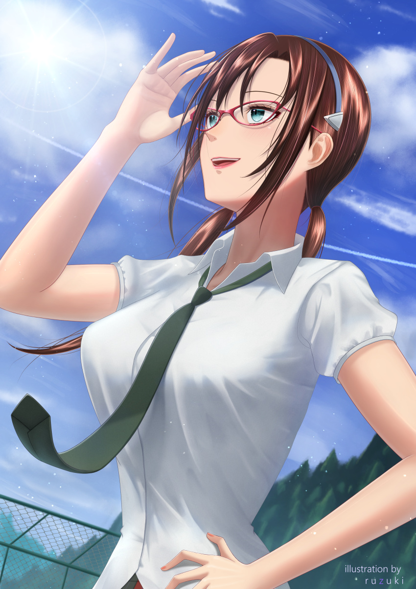 1girl :d absurdres artist_name blue_eyes breasts brown_hair commentary_request evangelion:_2.0_you_can_(not)_advance gate glasses hairband hand_on_own_hip highres interface_headset long_hair looking_up makinami_mari_illustrious necktie neon_genesis_evangelion outdoors rebuild_of_evangelion red-framed_eyewear ruzuki school_uniform smile solo teeth tree twintails upper_teeth_only