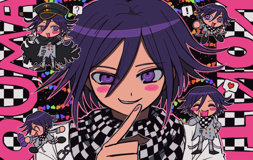 ! 1boy ? black_cape black_footwear black_headwear blush cape character_name checkered_clothes checkered_scarf chibi danganronpa_(series) danganronpa_v3:_killing_harmony finger_to_mouth grin hair_between_eyes happy heart highres kinu_(konoyoha_mtgi) looking_at_another looking_at_viewer male_focus oma_kokichi open_mouth outline pants pixel_heart purple_eyes purple_hair scarf short_hair shushing smile soda_bottle solo speech_bubble spoken_heart squiggle straitjacket torn_cape torn_clothes white_outline white_pants