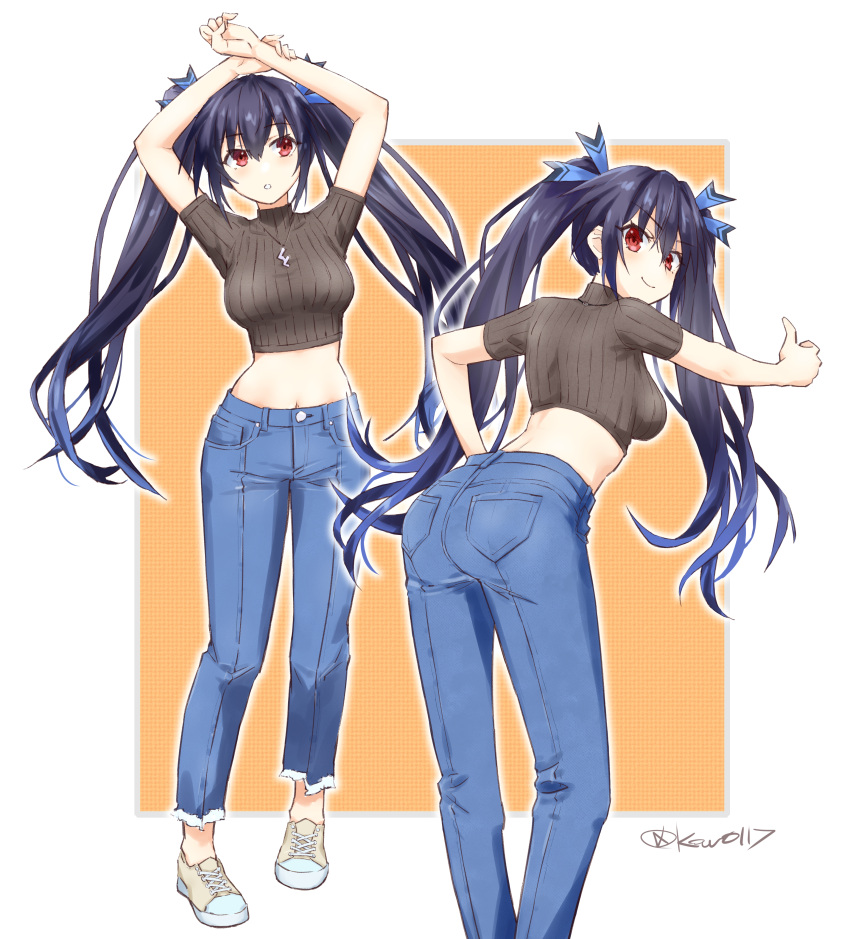 1girl absurdres alternate_costume ass black_hair breasts casual commission denim full_body hair_ornament hand_on_own_hip highres jeans jewelry kow0117 long_hair looking_at_viewer medium_breasts multiple_views navel necklace neptune_(series) noire_(neptune_series) pants pixiv_commission purple_eyes purple_hair red_eyes shoes short_hair smile thumbs_up twintails twitter_username very_long_hair