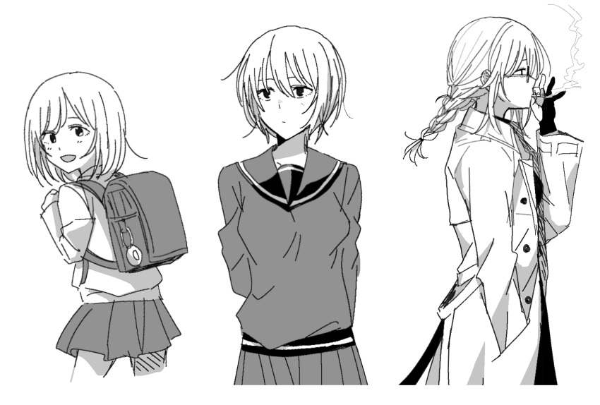 1girl age_progression bag black_eyes cigarette gloves greyscale hand_in_pocket highres holding holding_cigarette looking_at_viewer monochrome open_mouth school_bag school_uniform serafuku short_hair simple_background skirt smile smoke smoking uguisu_anko user_ette8224 white_background white_hair yofukashi_no_uta