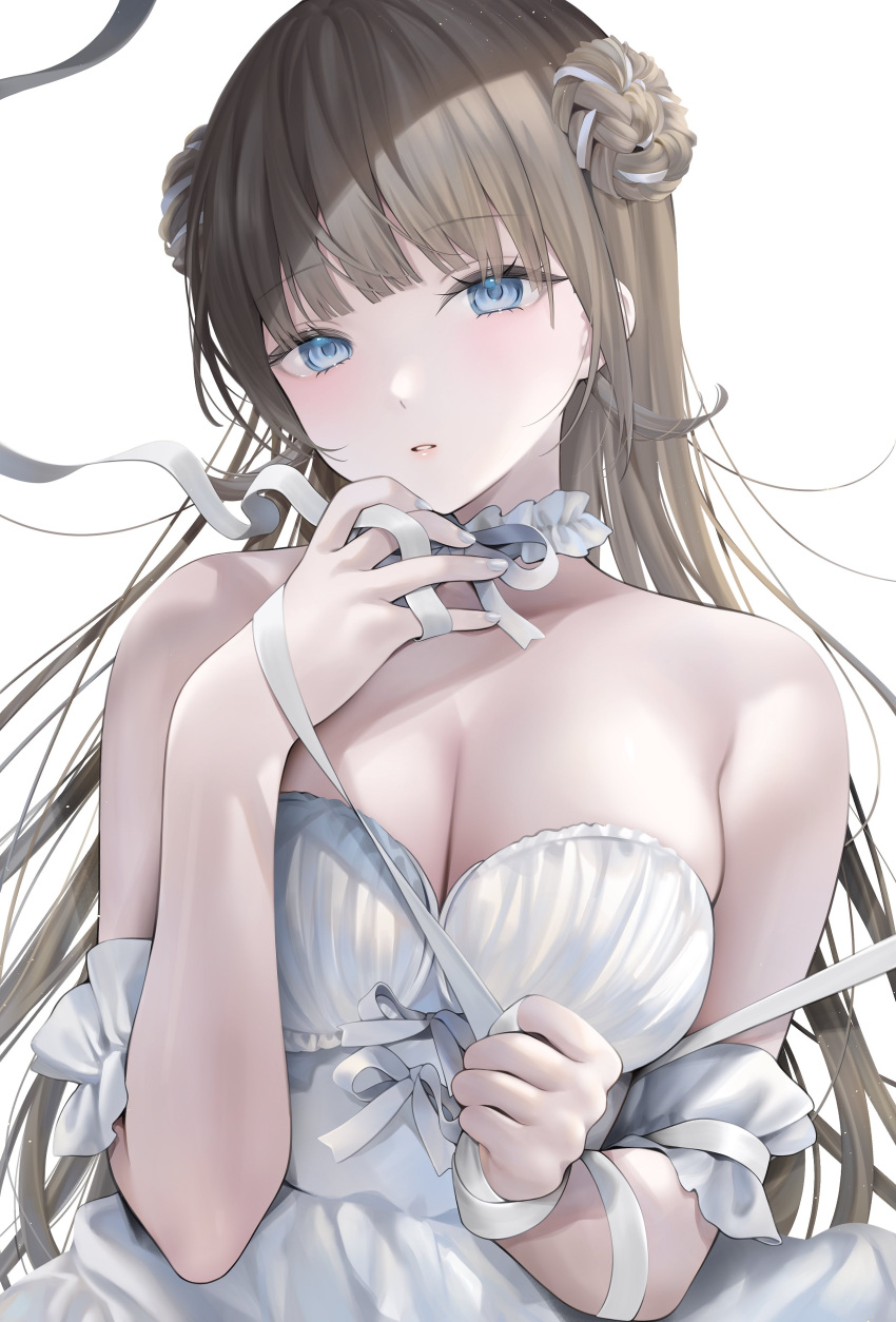 1girl absurdres bare_shoulders blue_eyes blunt_bangs breasts brown_hair cattleya_regina_games choker cleavage detached_sleeves double_bun dress frilled_choker frills hair_bun hanabusa_lisa highres holding holding_ribbon long_hair looking_at_viewer medium_breasts parted_lips pomelunch ribbon sidelocks simple_background solo upper_body virtual_youtuber vspo! white_background white_choker white_dress white_ribbon
