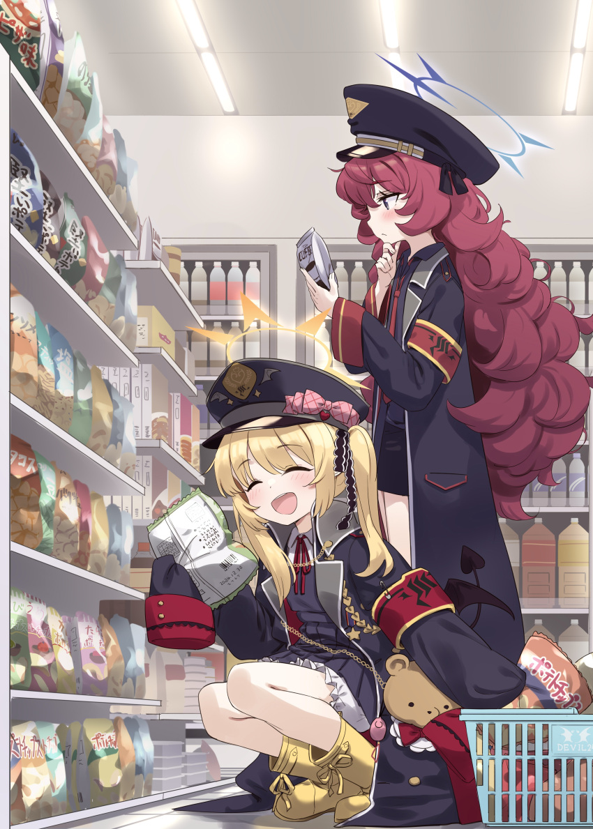 2girls absurdres armband bag_of_chips black_coat black_headwear black_tail black_wings blonde_hair blue_archive blue_halo blush closed_eyes closed_mouth coat demon_tail demon_wings grey_eyes halo hat highres holding ibuki_(blue_archive) indoors iroha_(blue_archive) long_hair long_sleeves multiple_girls natsuki_(gedo) open_mouth peaked_cap red_armband red_hair shoes smile tail wings yellow_footwear yellow_halo