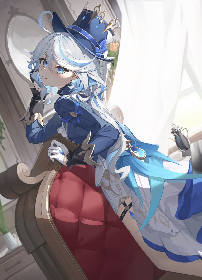 1girl absurdres ahoge ascot asymmetrical_gloves blue_eyes blue_gemstone blue_headwear blue_jacket cup curtains dutch_angle eruthika from_side furina_(genshin_impact) gem genshin_impact gloves grey_hair hair_between_eyes half_gloves hand_up hat head_rest head_tilt heterochromia highres indoors jacket kneeling long_hair looking_at_viewer looking_back mirror mismatched_gloves mismatched_pupils multicolored_hair on_chair plant shorts smile solo teacup teapot top_hat white_gloves white_shorts