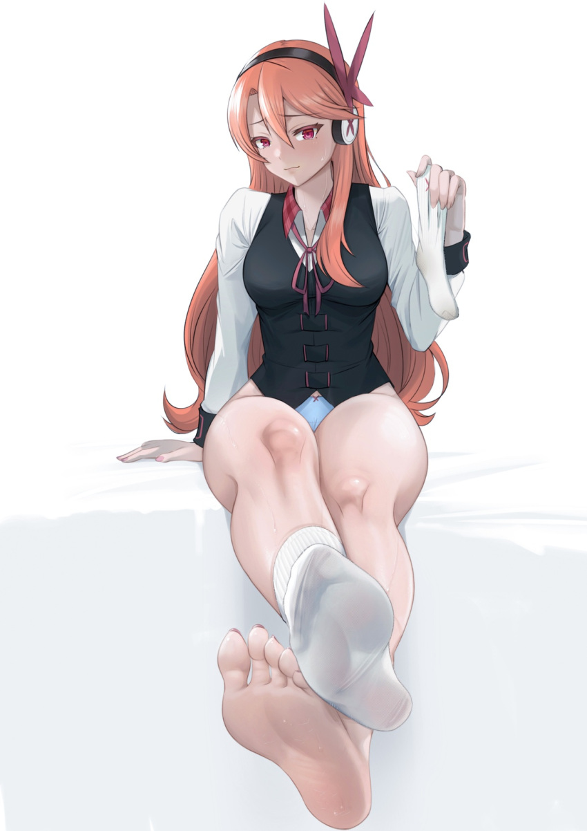 1girl akame_ga_kill! barefoot black_hairband black_vest chelsea_(akame_ga_kill!) dirty_legwear feet foot_focus foreshortening ghhoward hairband headphones highres long_hair looking_at_viewer no_shoes panties presenting_foot red_hair ribbed_socks ribbon shirt socks socks_removed soles solo toes underwear vest white_panties white_shirt white_socks