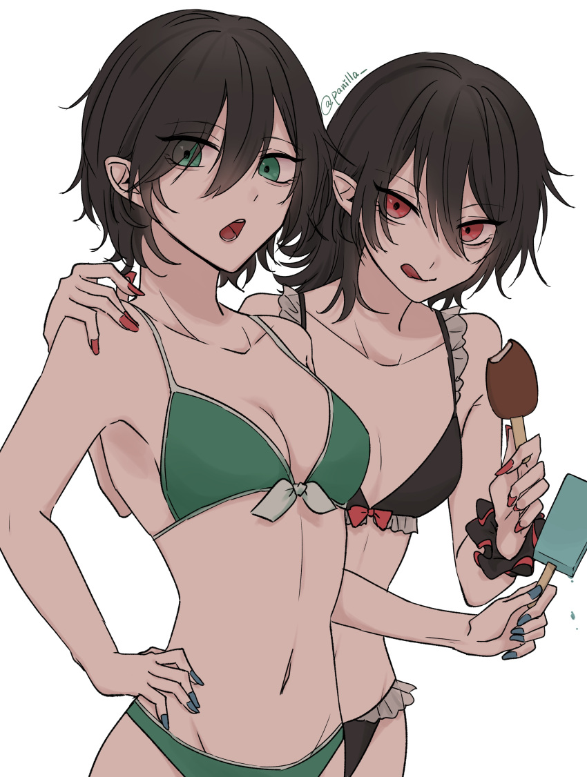 2girls :q absurdres alternate_costume bikini bikini_day black_hair bow bow_bikini breasts cleavage closed_mouth commentary_request cowboy_shot fingernails food food_in_mouth frilled_bikini frills green_bikini green_eyes green_nails groin hair_between_eyes hand_on_another's_shoulder hand_on_own_hip highres houjuu_nue long_bangs looking_at_viewer medium_breasts multiple_girls murasa_minamitsu navel open_mouth panilla popsicle popsicle_in_mouth red_bow red_eyes red_nails short_hair simple_background small_breasts smile swimsuit tongue tongue_out touhou white_background wrist_cuffs