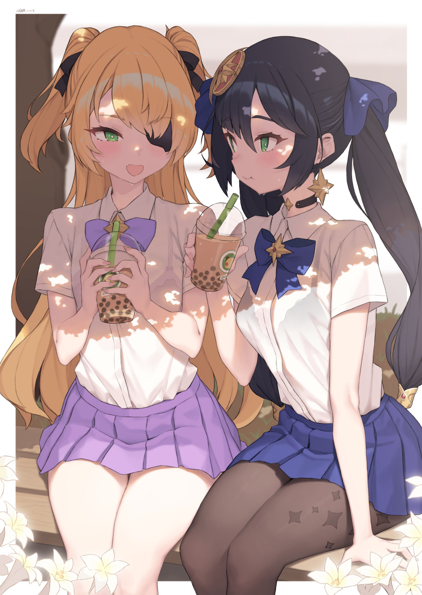 2girls :t absurdres black_choker black_hair blonde_hair blue_bow blue_bowtie blue_skirt bow bowtie bra_visible_through_clothes brooch bubble_tea choker cloba closed_mouth cup disposable_cup drink earrings eyepatch fischl_(genshin_impact) flower genshin_impact green_eyes highres holding holding_cup holding_drink jewelry miniskirt mona_(genshin_impact) multiple_girls open_mouth pantyhose pleated_skirt purple_bow purple_bowtie purple_skirt school_uniform shirt shirt_tucked_in single_earring sitting skirt sweat thighs twintails white_flower white_shirt