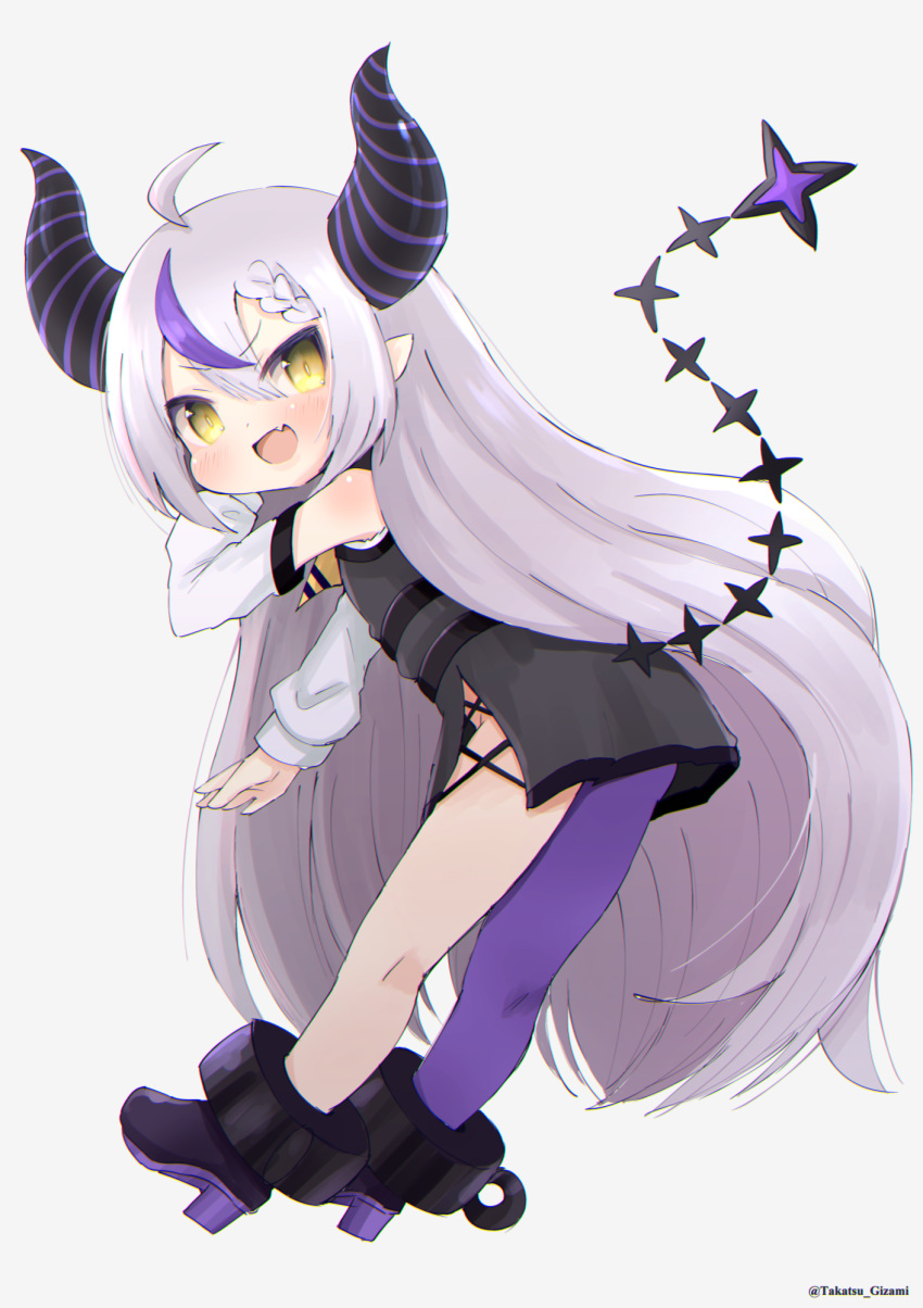 1girl :d ahoge ankle_cuffs bare_shoulders black_dress black_horns blush boots braid braided_bangs cross-laced_slit demon_girl demon_horns detached_sleeves double-parted_bangs dress fang full_body grey_hair high_heel_boots high_heels highres hololive horns la+_darknesss la+_darknesss_(1st_costume) leaning_forward long_hair looking_at_viewer multicolored_hair open_mouth pantyhose pointy_ears purple_hair purple_horns purple_pantyhose short_dress side_slit single_leg_pantyhose skin_fang slit_pupils smile solo streaked_hair striped_horns tail takatsurt twitter_username v-shaped_eyebrows very_long_hair virtual_youtuber white_sleeves yellow_eyes