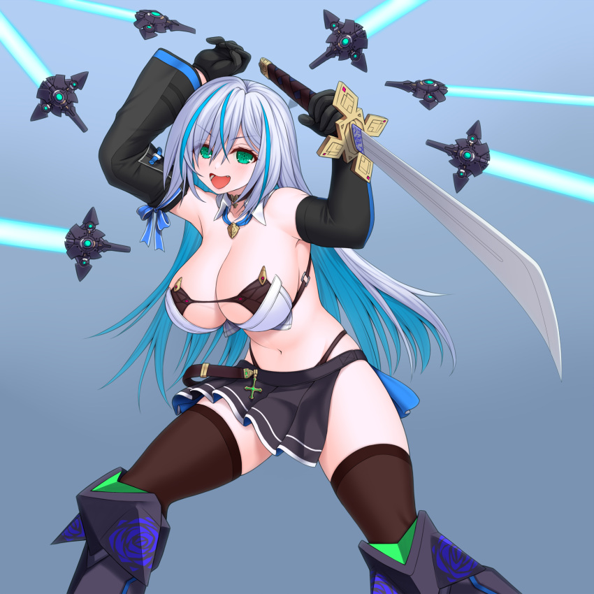 +_+ 1girl asamura_hiori asymmetrical_gloves black_gloves blue_hair breasts cleavage colored_inner_hair detached_sleeves elbow_gloves energy_sword gloves green_eyes grey_hair highres huge_breasts multicolored_hair open_mouth original reverse_grip short_sword single_detached_sleeve smile solo streaked_hair sword thighhighs two-tone_hair weapon