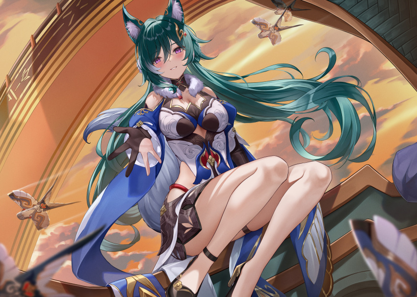 animal_ear_fluff animal_ears bare_shoulders black_footwear blush breasts cleavage cleavage_cutout clothing_cutout commentary english_commentary fox_ears fox_girl green_hair hair_between_eyes hair_ornament highres honkai:_star_rail honkai_(series) large_breasts legs long_hair looking_at_viewer lunacle open_hand outdoors parted_lips purple_eyes sitting smile solo yukong_(honkai:_star_rail)