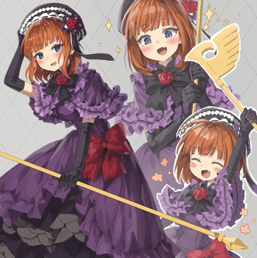 1girl :d ^_^ arm_up black_bow black_bowtie black_gloves blue_eyes blunt_bangs blush blush_stickers bow bowtie brown_hair capelet closed_eyes commentary_request dress dress_bow elbow_gloves eva_beatrice eyes_visible_through_hair fang feet_out_of_frame flower flower_(symbol) frilled_capelet frilled_dress frills ghkdakrh1129 gloves grey_background hand_on_own_head hat hat_flower highres holding holding_staff korean_commentary looking_at_viewer medium_hair multiple_views open_mouth purple_capelet purple_dress red_bow red_flower red_rose rose sidelocks smile sparkling_aura sparkling_eyes staff umineko_no_naku_koro_ni