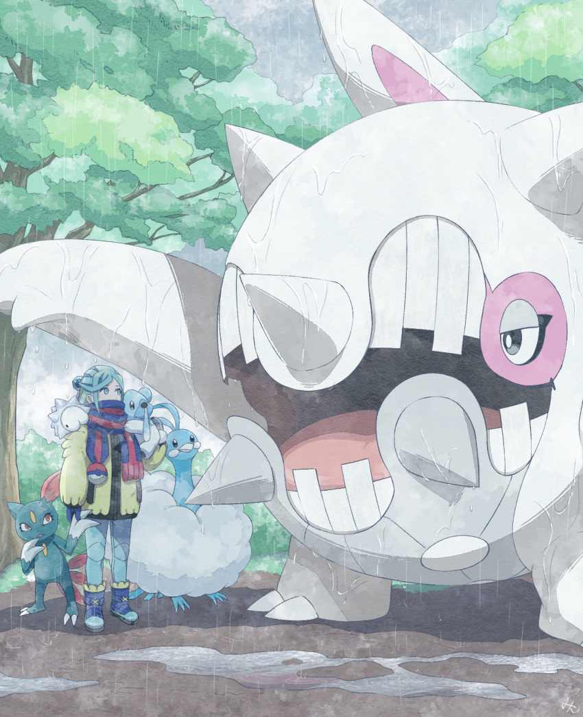 1boy altaria blue_footwear blue_mittens blue_scarf boots cetitan cubchoo day grusha_(pokemon) highres jacket male_focus min_(myna8247) outdoors pants poke_ball_print pokemon_(creature) puddle rain scarf sneasel snom standing striped striped_scarf tree wet yellow_jacket