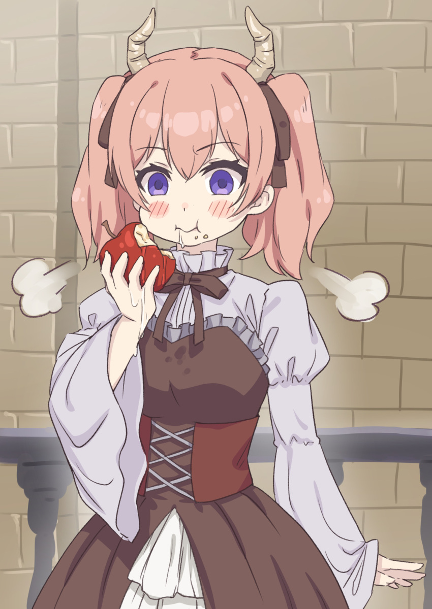 1girl apple blouse blush broiler brown_dress brown_ribbon closed_mouth collared_shirt commentary_request corset demon_girl demon_horns dress drooling eating empty_eyes food food_on_face fruit grey_shirt hair_ribbon hand_up highres holding holding_food holding_fruit horns linie_(sousou_no_frieren) long_hair long_sleeves looking_at_viewer neck_ribbon pink_hair puff_of_air purple_eyes red_apple ribbon shirt solo sousou_no_frieren standing twintails wide_sleeves