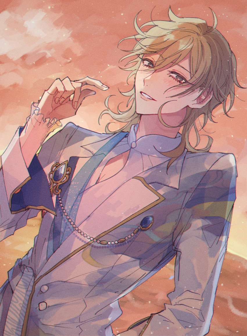 1boy alternate_costume blonde_hair blue_gemstone blue_jacket blush brown_eyes ensemble_stars! gem hakaze_kaoru hand_on_own_hip highres jacket long_sleeves looking_at_viewer male_focus medium_hair shirt sky smile solo sunset teeth wavy_hair white_shirt zxux8