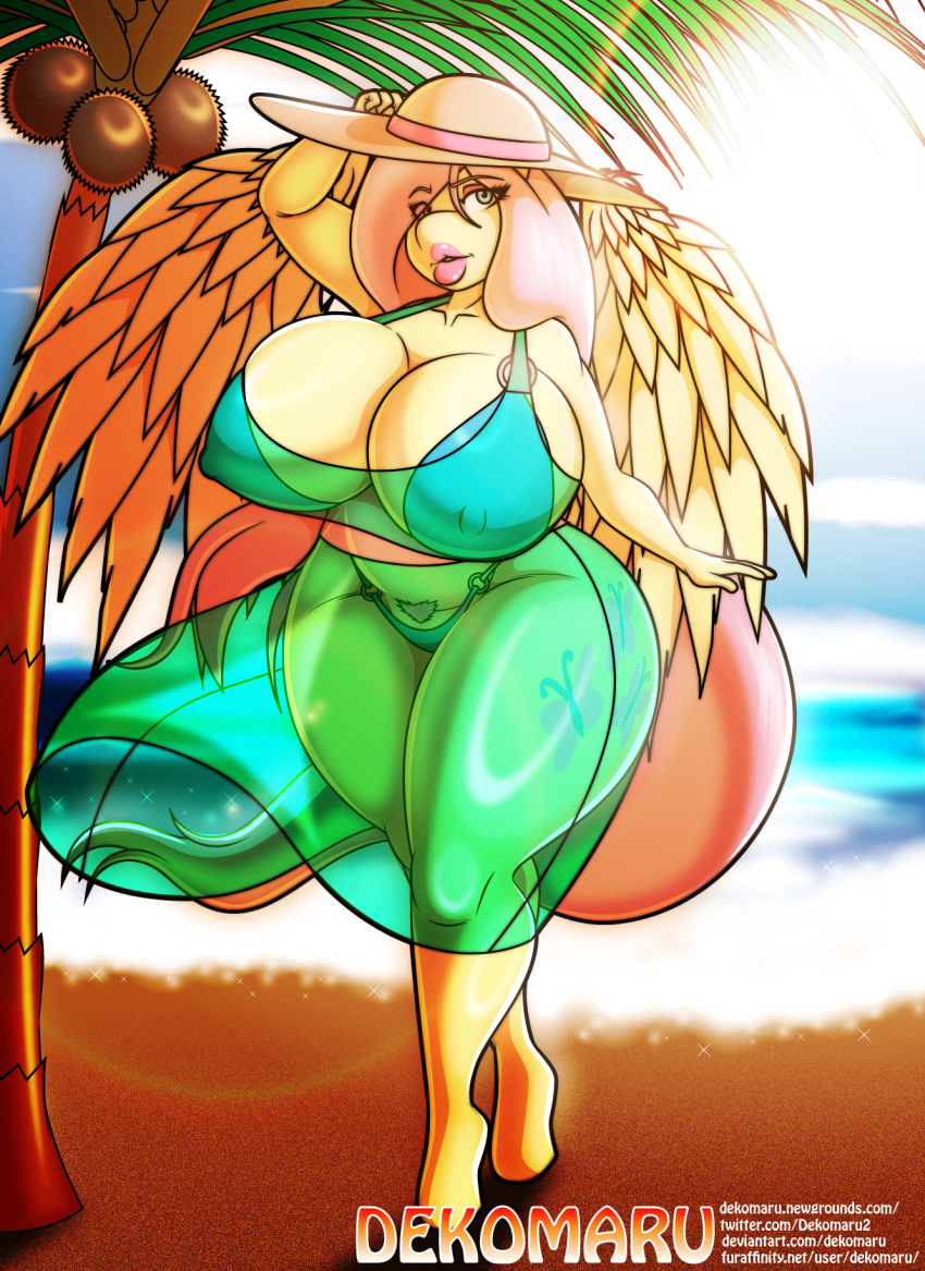 anthro anthrofied beach big_breasts bikini breasts cleavage clothed clothing dekomaru equid equine feathers female fluttershy_(mlp) friendship_is_magic hasbro hi_res huge_breasts mammal my_little_pony pegasus pubes seaside solo swimwear thick_thighs wings yellow_body yellow_feathers