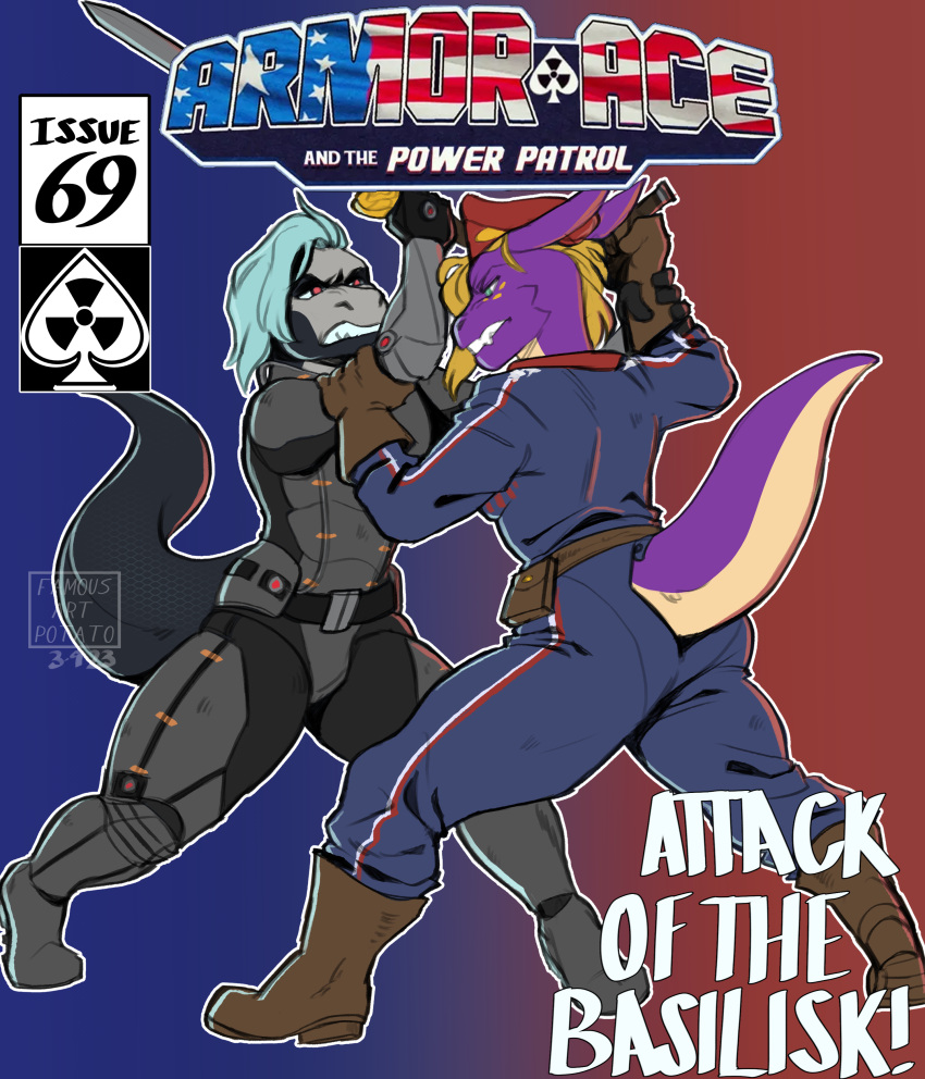 absurd_res anthro bethesda_softworks cover cover_art cover_page dragon duo fallout fallout_76 famousartpotato farry female fight fighting_pose hi_res male male/female melee_weapon patriotic_clothing patriotism politics pose reptile scalie snake stars_and_stripes stealth_suit sword united_states_of_america weapon xiro_decobray