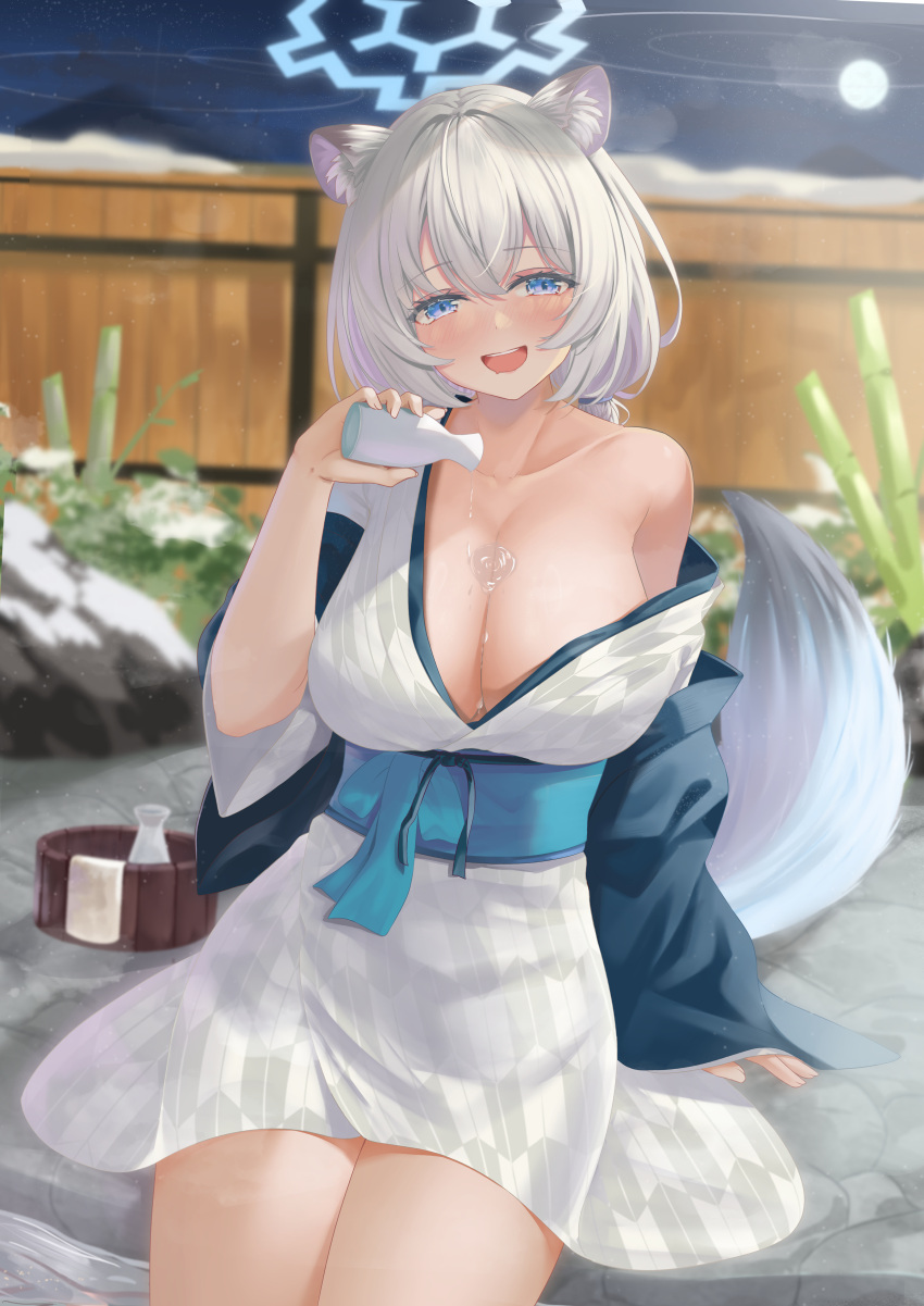 1girl absurdres alternate_hair_color animal_ears arikawa_rui bath_yukata blue_archive blush bottle breasts bucket cleavage full_moon halo hanten_(clothes) highres holding holding_bottle japanese_clothes kimono large_breasts looking_at_viewer moon shigure_(blue_archive) shigure_(hot_spring)_(blue_archive) single_bare_shoulder sitting smile solo tail tokkuri wakamezake weasel_ears weasel_tail wooden_bucket wooden_wall yukata