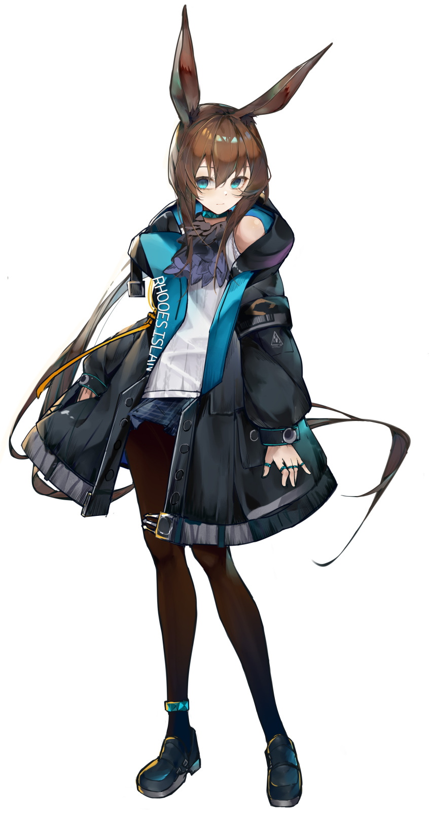 1girl absurdres amiya_(arknights) animal_ears anklet arknights ascot bare_shoulders black_footwear black_jacket black_pantyhose blue_ascot blue_eyes blue_skirt brown_hair clothes_lift full_body hair_between_eyes highres hood hood_down hooded_jacket jacket jewelry long_hair long_sleeves making-of_available multiple_rings neck_ring off_shoulder open_clothes open_jacket pantyhose plaid plaid_skirt rabbit_ears rabbit_girl ring shirt shizhen_erfen shoes sidelocks simple_background skirt sleeveless sleeveless_shirt solo standing tachi-e thumb_ring very_long_hair white_background white_shirt