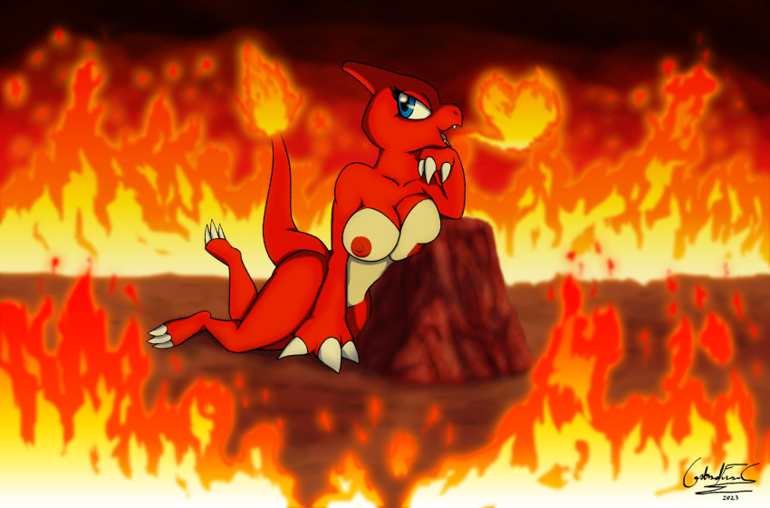 3_fingers anthro blue_eyes bottomwear breasts charmeleon clothed clothed/nude clothing elemental_manipulation female fingers fire fire_manipulation flaming_tail generation_1_pokemon hi_res nintendo nude overlord_gabriel pokemon pokemon_(species) red_body reptile rock scalie shorts solo tail
