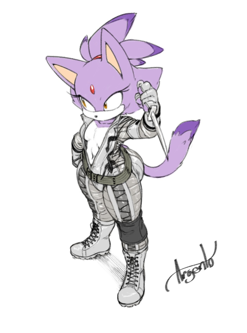 anthro argento belt blaze_the_cat bodysuit boots clothing combat_boots cosplay domestic_cat felid feline felis female footwear fur gloves hair handwear hi_res knife mammal orange_eyes purple_hair sega skinsuit solo sonic_the_hedgehog_(series) tight_clothing unzipped_bodysuit white_body white_fur