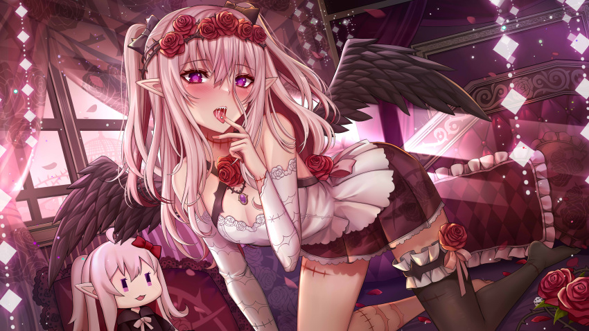 1girl absurdres all_fours bare_shoulders black_thighhighs blush breasts cleavage detached_sleeves floral_print flower gu_li highres indie_virtual_youtuber indoors long_hair long_sleeves looking_at_viewer navel open_mouth pink_hair pointy_ears purple_eyes purple_skirt rose scar scar_on_neck single_thighhigh skirt solo teeth thighhighs two_side_up window wings