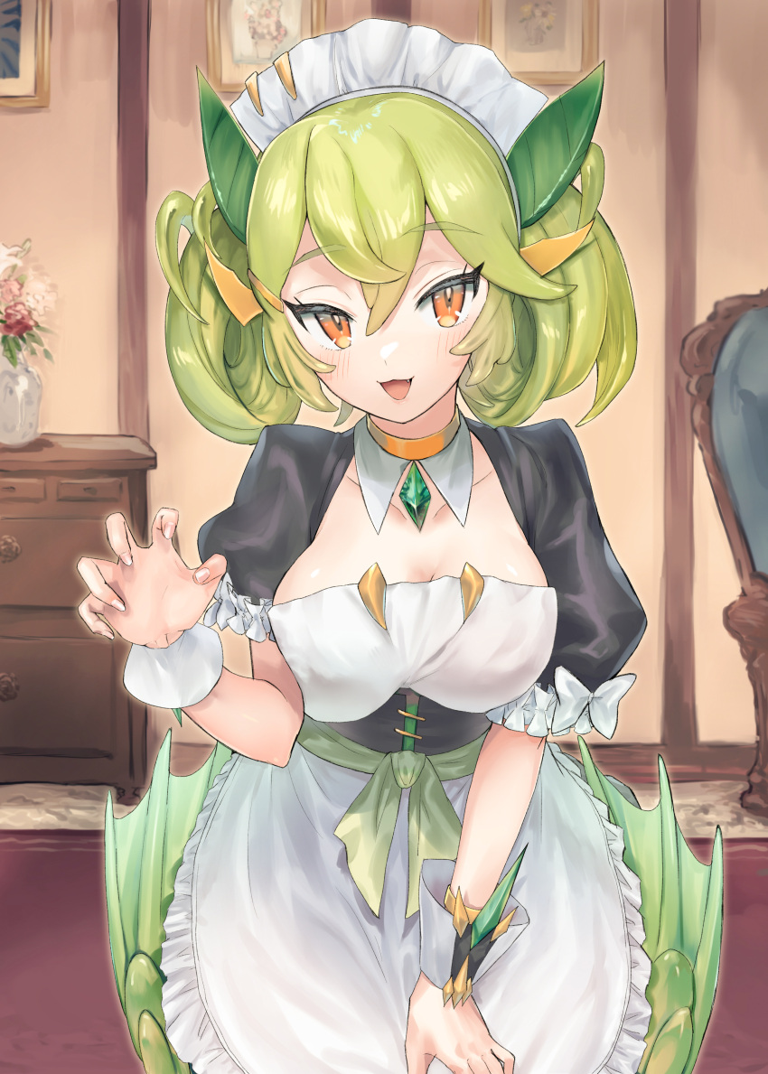 1girl :d absurdres apron armchair breasts carpet chair claw_pose cleavage collarbone detached_collar double-parted_bangs dragon_girl dragon_horns dragon_wings drawer dress duel_monster fang fingernails flower frilled_apron frills gem green_gemstone green_horns green_wings hair_between_eyes highres horns indoors light_green_hair maid maid_apron maid_headdress medium_breasts nataro_1116 open_mouth orange_eyes parlor_dragonmaid puffy_short_sleeves puffy_sleeves red_flower short_hair short_sleeves smile solo tsurime underbust waist_apron white_apron white_flower white_wrist_cuffs wings wrist_cuffs yu-gi-oh!