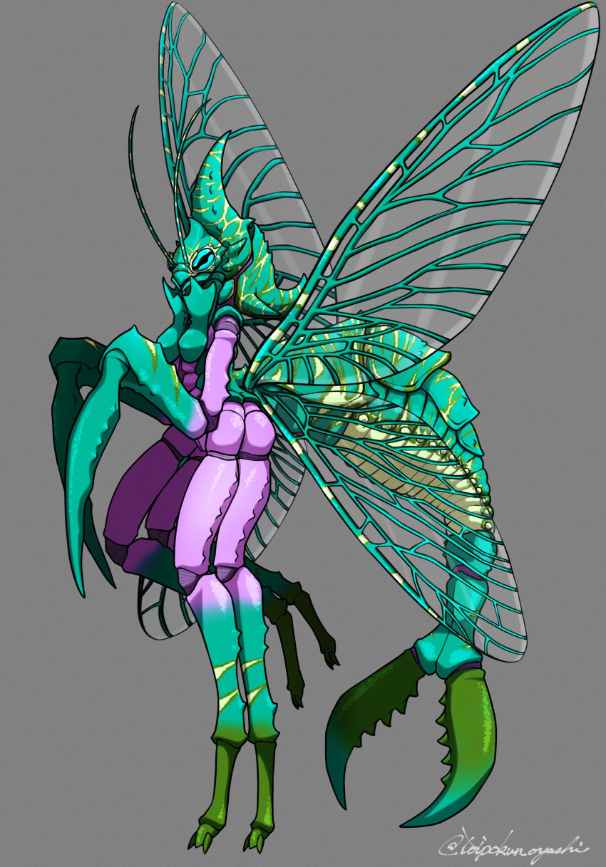 1girl antennae arthropod_girl arthropod_limbs artist_name blue_eyes breasts carapace closed_mouth colored_skin full_body green_skin grey_background highres horizontal_pupils insect_wings looking_at_viewer mandibles multicolored_skin multiple_legs original pincers pink_skin simple_background small_breasts solo standing standing_on_one_leg tail toipokun_oyashi wings