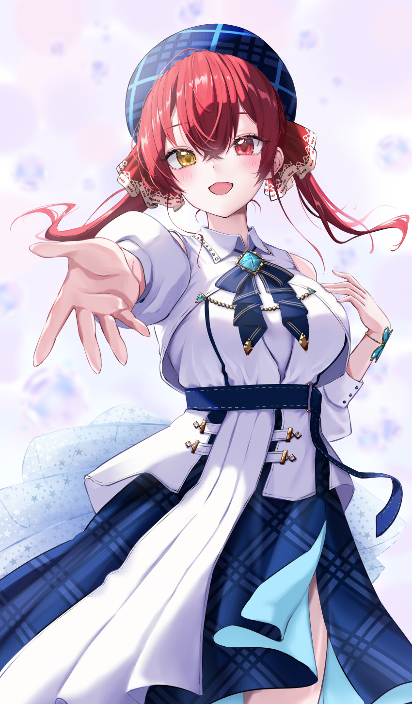 1girl absurdres bare_shoulders beret blue_headwear blue_journey_(hololive) blush breasts hair_between_eyes hair_ribbon hat heterochromia highres hololive houshou_marine long_hair looking_at_viewer nisi_ki_no open_mouth red_eyes red_hair red_ribbon ribbon smile solo twintails virtual_youtuber yellow_eyes