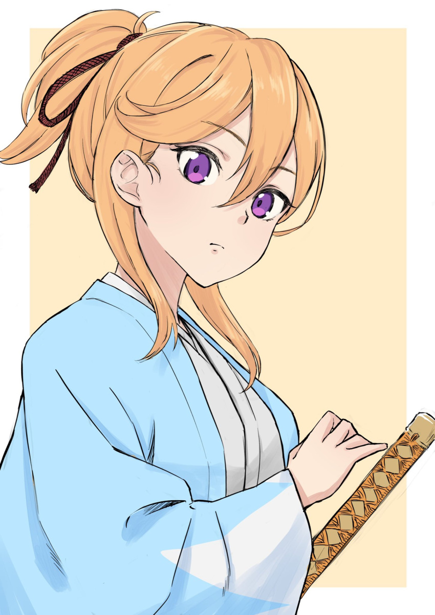 1girl alternate_costume breasts brown_background closed_mouth commentary_request hair_between_eyes highres japanese_clothes katana kimono long_sleeves love_live! love_live!_superstar!! medium_breasts open_clothes orange_hair ponytail purple_eyes shibuya_kanon sidelocks solo sword two-tone_background upper_body weapon white_background white_kimono wide_sleeves yutou_(u_too_p)