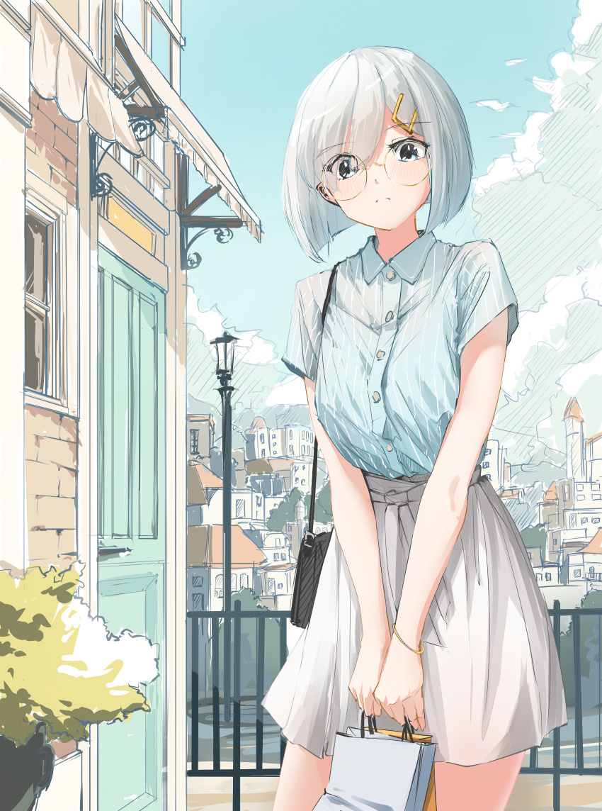 1girl absurdres bag bespectacled blue_eyes blue_shirt blush building buttons closed_mouth collared_shirt cowboy_shot day glasses grey_hair grey_skirt hair_ornament hair_over_one_eye hairclip hamakaze_(kancolle) highres holding holding_bag kantai_collection outdoors round_eyewear shirt shopping_bag short_hair short_sleeves skirt solo yamamori_oyatsu