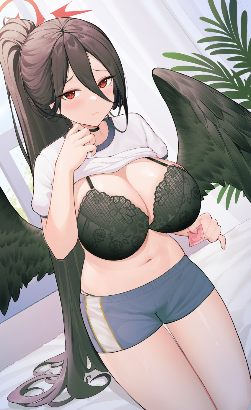 1girl absurdres black_bra black_choker black_feathers black_wings blue_archive blue_shorts bra breasts choker cleavage clothes_lift condom condom_wrapper feathered_wings feathers halo hasumi_(blue_archive) hasumi_(track)_(blue_archive) high_ponytail highres holding holding_condom large_breasts light_frown long_hair looking_at_viewer mole mole_under_eye navel red_eyes shirt_lift short_shorts shorts solo stomach thighs uka_(315302627) underwear very_long_hair wings