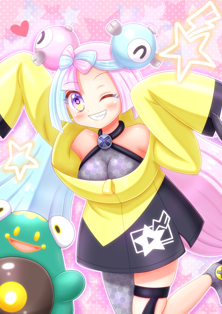 1girl bellibolt blush breasts grey_pantyhose hair_ornament hairclip hexagon_print highres iono_(pokemon) jacket magnemite multicolored_hair niwatori_(syamo_chamo) oversized_clothes pantyhose pokemon pokemon_(game) pokemon_sv single_leg_pantyhose small_breasts two-tone_hair x yellow_jacket