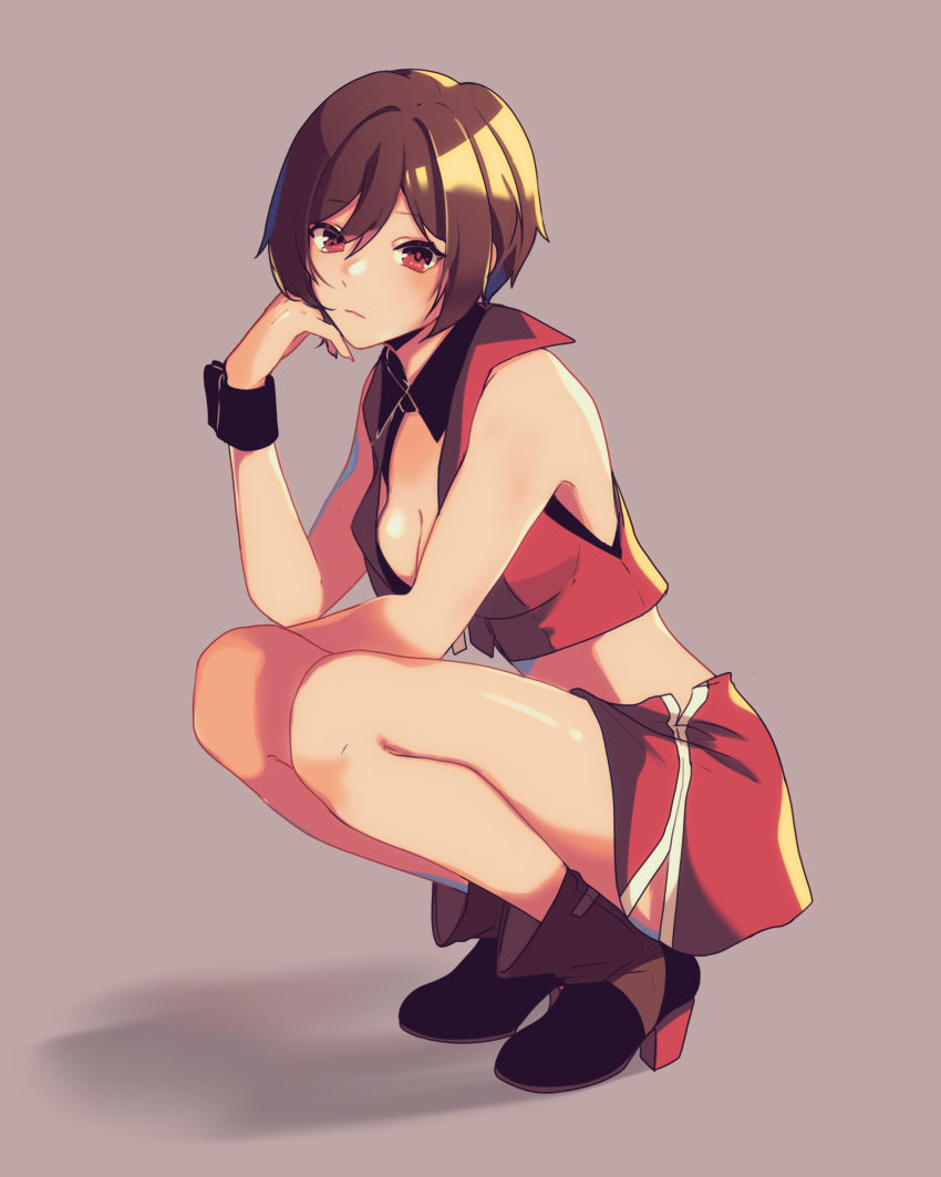 1girl absurdres breasts brown_hair cleavage commentary crop_top cropped_vest frown full_body high_heels highres medium_breasts meiko_(vocaloid) meiko_(vocaloid3) midriff miniskirt red_eyes red_skirt short_hair skirt solo squatting vest vocaloid wristband yen-mi