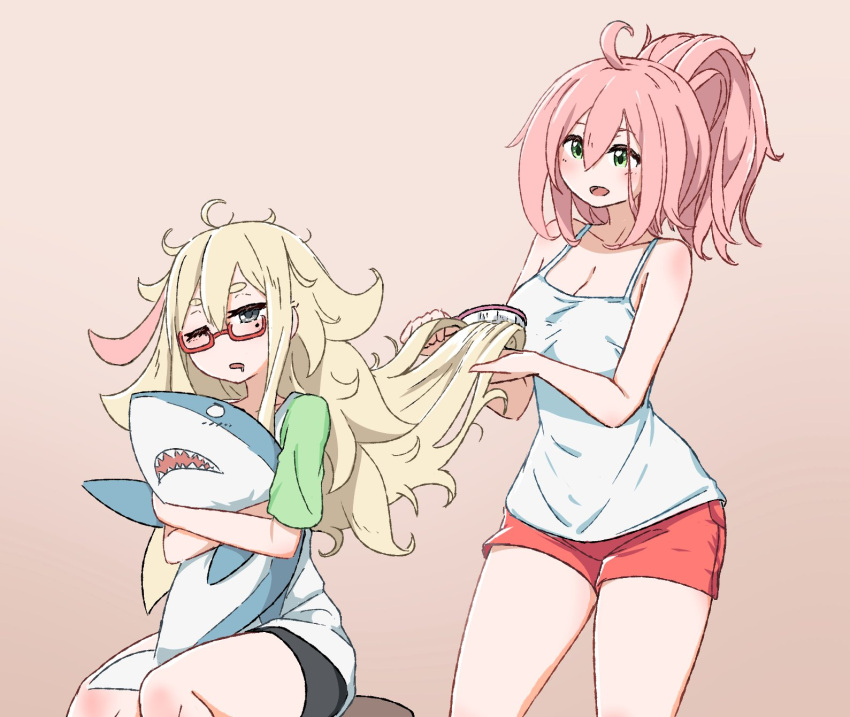 2girls ahoge blonde_hair breasts brushing_another's_hair brushing_hair cleavage drooling green_eyes green_skirt highres holding holding_toy kay_yu messy_hair multiple_girls one_eye_closed open_mouth original paguroidea pink-haired_girl_(kay_yu) pink_hair red-framed_eyewear shark shirt simple_background sitting skirt string stuffed_animal stuffed_toy thick_eyebrows toy white_shirt