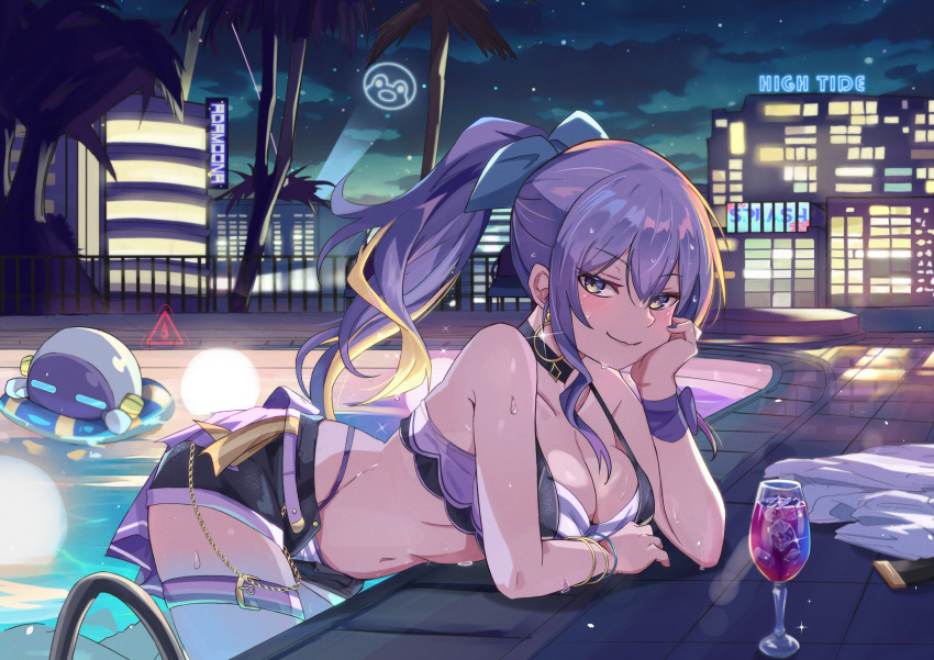 1girl bikini black_shorts blue_nails breasts choker city cleavage clothes_removed cup drinking_glass earrings highres hololive hololive_indonesia hololive_summer_2023_swimsuit jewelry large_breasts long_hair ludwigtk moona_hoshinova navel night ponytail pool poolside purple_eyes purple_hair shorts single_earring smile striped striped_bikini swimsuit virtual_youtuber