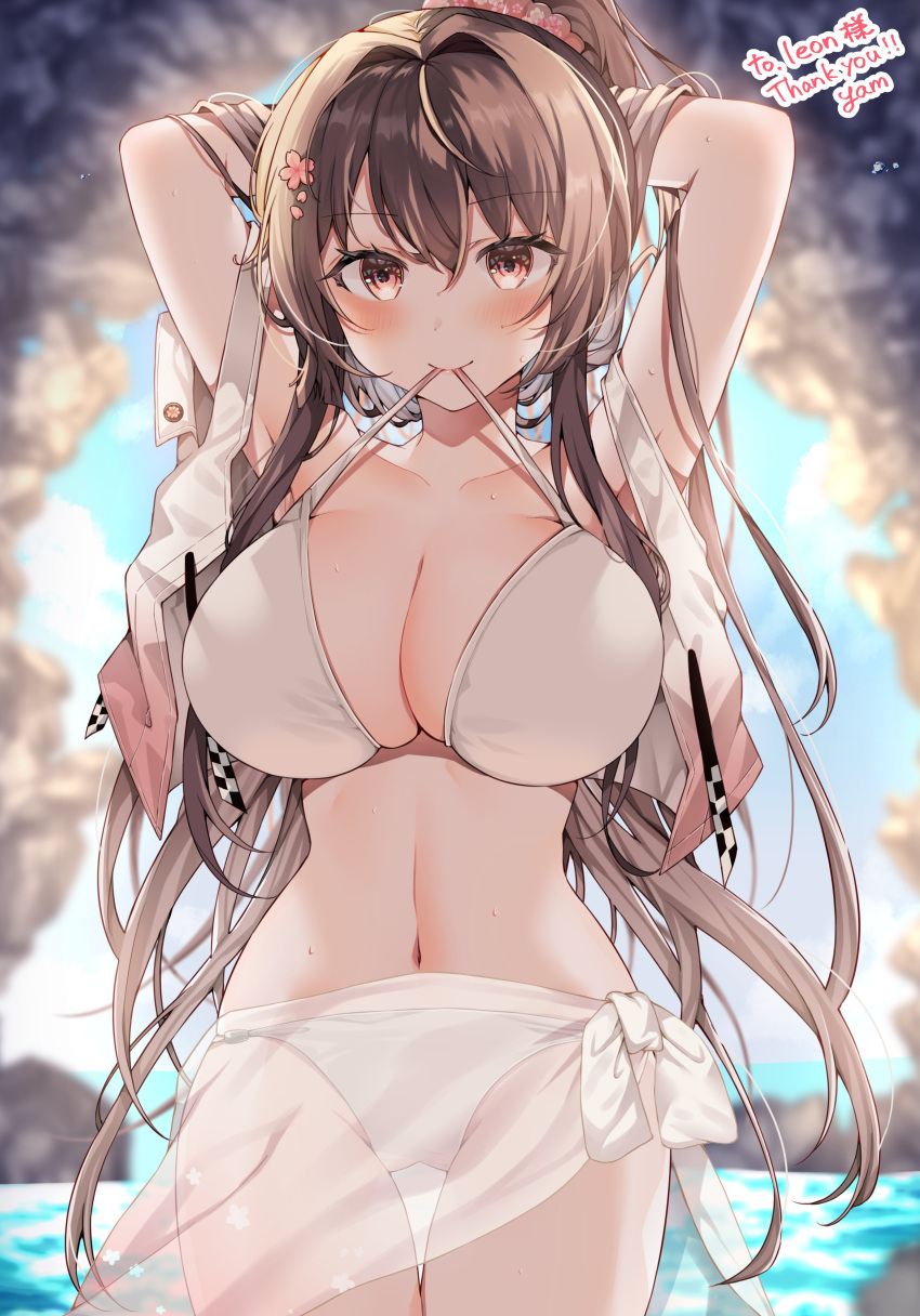 1girl absurdres bare_arms bare_shoulders bikini blush breasts brown_eyes brown_hair cleavage closed_mouth collarbone commission cowboy_shot hair_between_eyes hands_in_hair highres kantai_collection large_breasts long_hair looking_at_viewer navel skeb_commission smile solo swimsuit very_long_hair white_bikini yam_(yamap_mako) yamato_(kancolle)