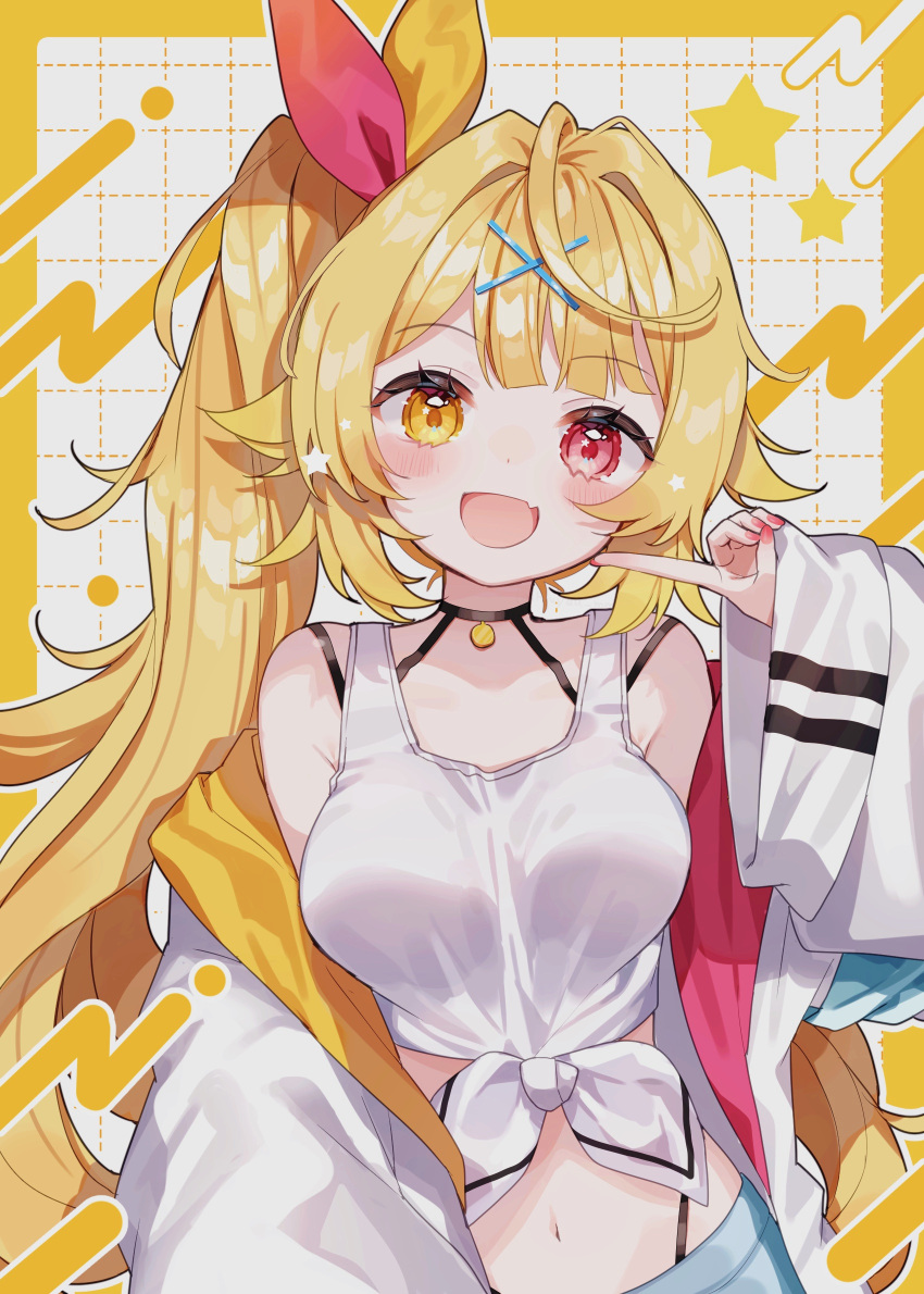 1girl :d arm_at_side bare_shoulders blonde_hair blue_shorts blush bow breasts crop_top dot_nose fang fuinagi_(huyuu_mm) hair_bow hair_ornament halterneck hand_up heterochromia highres hoshikawa_sara index_finger_raised jacket jewelry large_breasts long_bangs long_hair long_sleeves looking_at_viewer midriff nail_polish navel nijisanji off_shoulder open_clothes open_jacket open_mouth pendant puffy_long_sleeves puffy_sleeves raised_eyebrows red_bow red_eyes red_nails shorts side_ponytail sidelocks skin_fang smile solo straight-on tank_top two-tone_bow upper_body very_long_hair virtual_youtuber white_jacket white_tank_top x_hair_ornament yellow_background yellow_bow yellow_eyes