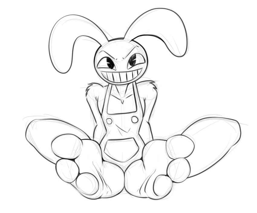 3_toes anthro barefoot feet foot_focus hi_res humanoid_feet jax_(the_amazing_digital_circus) lagomorph leporid male mammal overalls_only paws plantigrade rabbit simple_background sitting sketch smile smirk soles solo toes zp92
