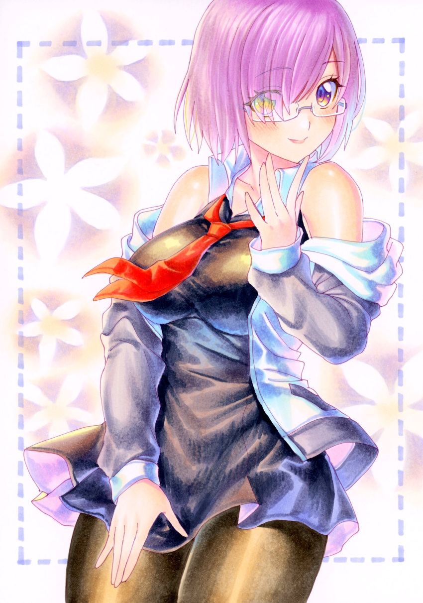 1girl bare_shoulders black_dress black_thighhighs blush breasts commentary_request cowboy_shot dress fate/grand_order fate_(series) flower glasses grey_jacket hachi78b highres jacket looking_at_viewer marker_(medium) mash_kyrielight medium_breasts necktie off_shoulder open_clothes open_jacket purple_eyes purple_hair red_necktie short_dress short_hair smile solo thighhighs traditional_media