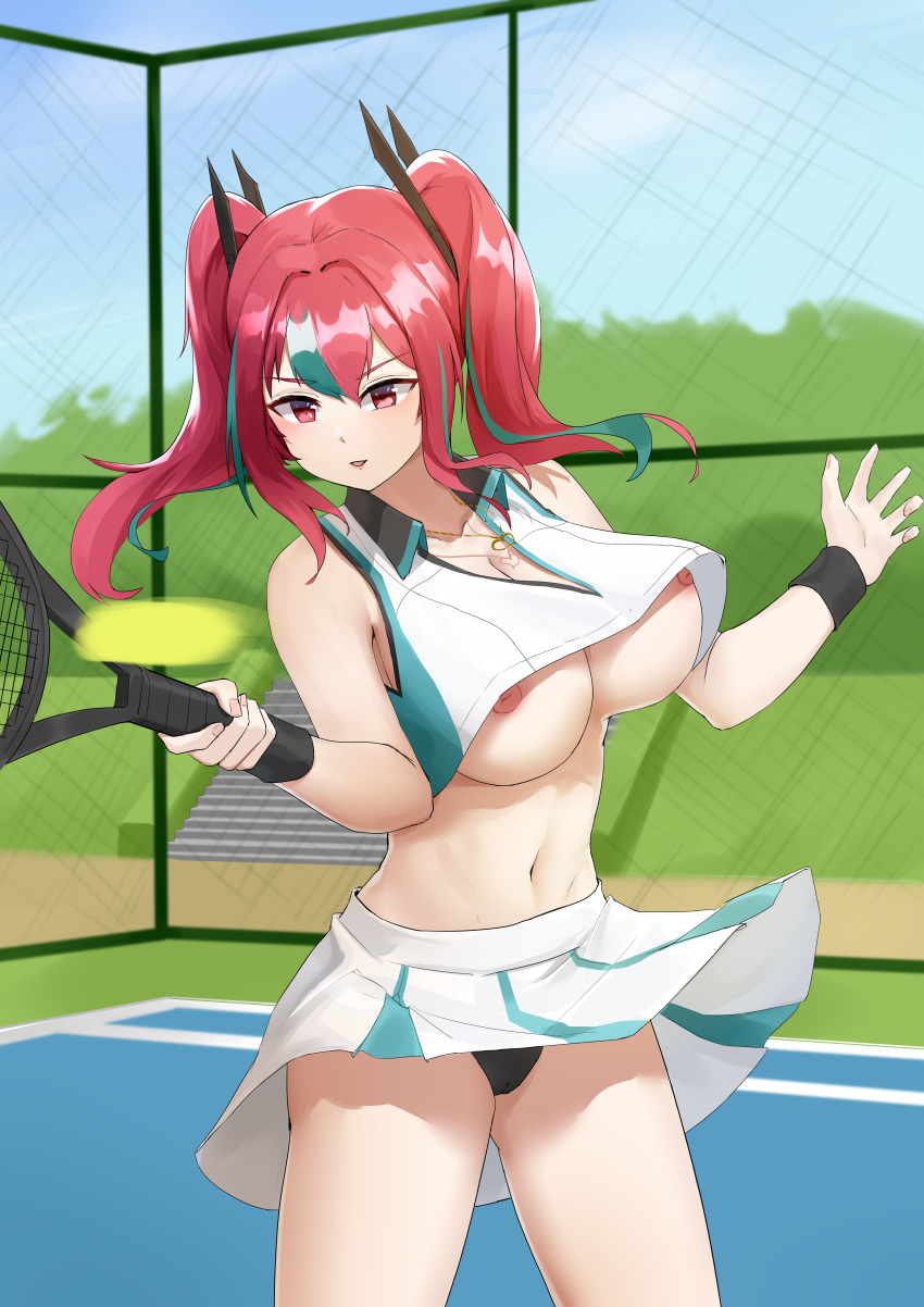 1girl absurdres azur_lane ball bare_shoulders black_panties blue_sky breasts bremerton_(azur_lane) bremerton_(scorching-hot_training)_(azur_lane) chain-link_fence chinese_commentary cloud collarbone collared_shirt commentary_request cowboy_shot crop_top crop_top_overhang day fence green_hair green_skirt hair_between_eyes hair_intakes hair_ornament heart heart_necklace heihei_kmc highres holding holding_racket jewelry large_breasts long_hair multicolored_hair navel necklace nipples no_bra no_mole official_alternate_costume outdoors panties parted_lips pink_eyes pink_hair racket shirt sidelocks skirt sky sleeveless sleeveless_shirt solo sportswear standing stomach streaked_hair tennis tennis_ball tennis_court tennis_racket tennis_uniform twintails two-tone_hair two-tone_shirt two-tone_skirt underboob underwear upshirt upskirt white_shirt white_skirt wristband x_hair_ornament