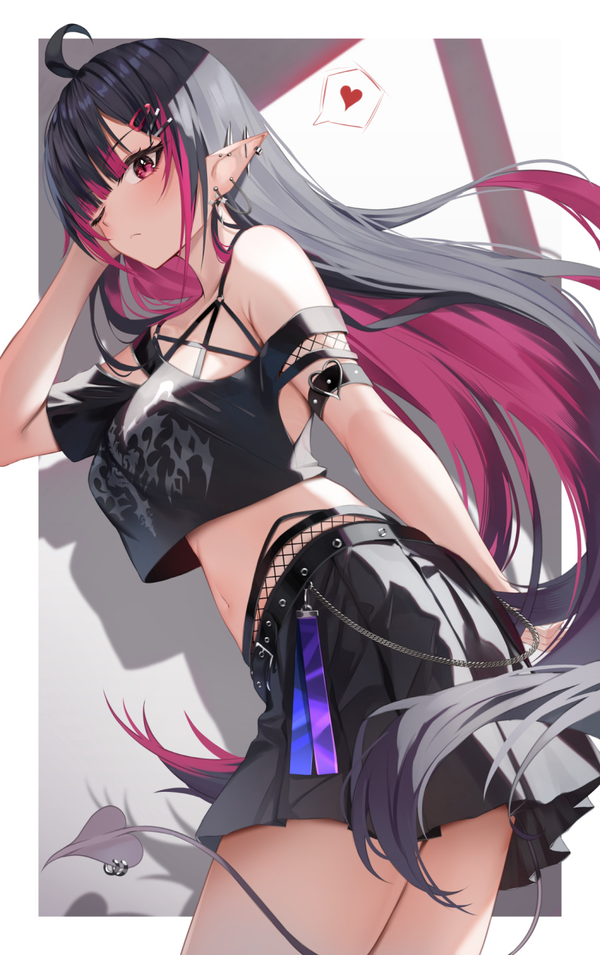 1girl ahoge arm_belt armpit_crease asymmetrical_sleeves bare_shoulders black_hair black_shirt black_skirt breasts closed_mouth colored_inner_hair cowboy_shot crop_top crop_top_overhang demon_tail dutch_angle ear_piercing fishnets hand_up heart highres long_hair looking_at_viewer medium_breasts midriff miniskirt multicolored_hair multiple_straps navel off_shoulder one_eye_closed original piercing pleated_skirt pointy_ears red_eyes red_hair shirt short_sleeves shuvi_(shuvi1125) single_sleeve skirt solo spaghetti_strap spoken_heart stomach strap_slip streaked_hair tail thighs two-tone_hair very_long_hair