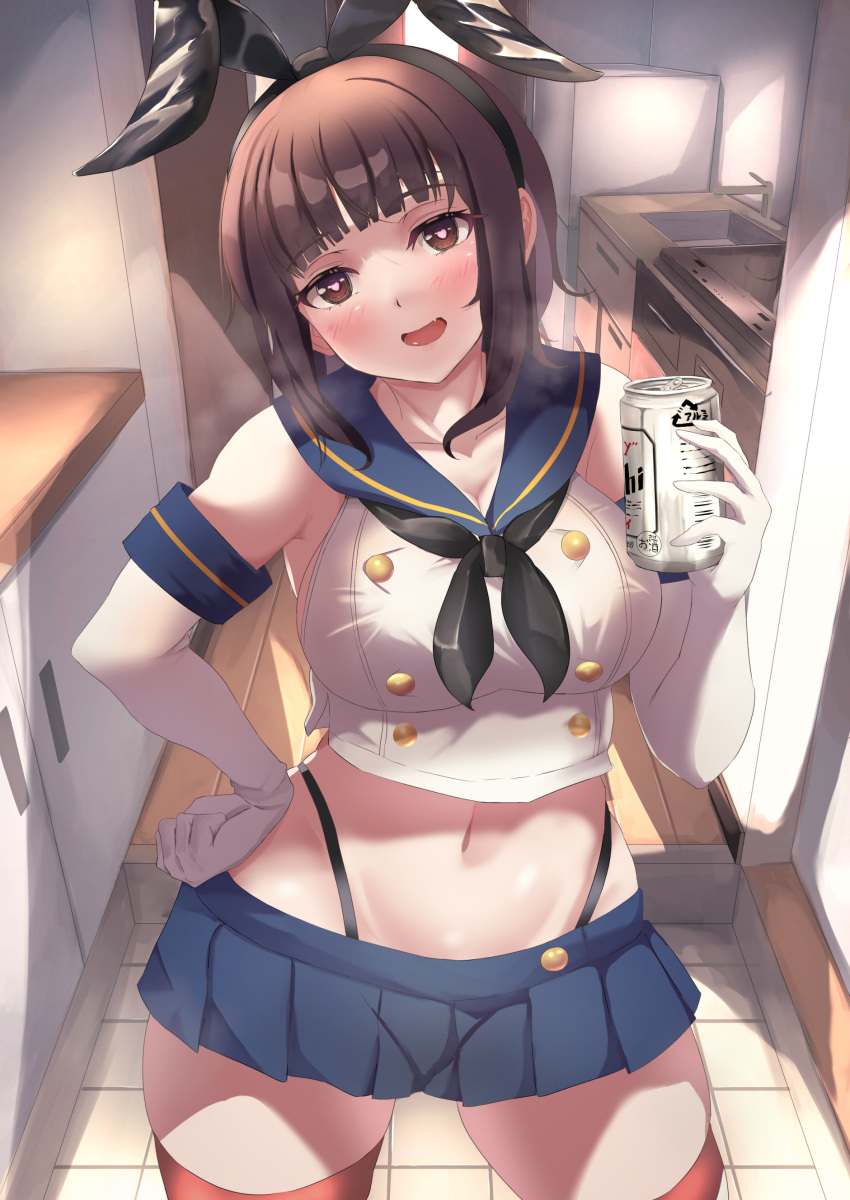 1girl absurdres beer_can black_hairband black_neckerchief black_panties blue_sailor_collar blue_skirt breasts brown_eyes brown_hair butter_curry can cosplay cowboy_shot crop_top elbow_gloves gloves hairband heart heart-shaped_pupils highleg highleg_panties highres holding holding_can indoors kantai_collection kitchen large_breasts looking_at_viewer microskirt navel neckerchief original panties sailor_collar shimakaze_(kancolle) shimakaze_(kancolle)_(cosplay) short_hair skirt solo standing striped striped_thighhighs symbol-shaped_pupils thighhighs thong underwear white_gloves wide_hips