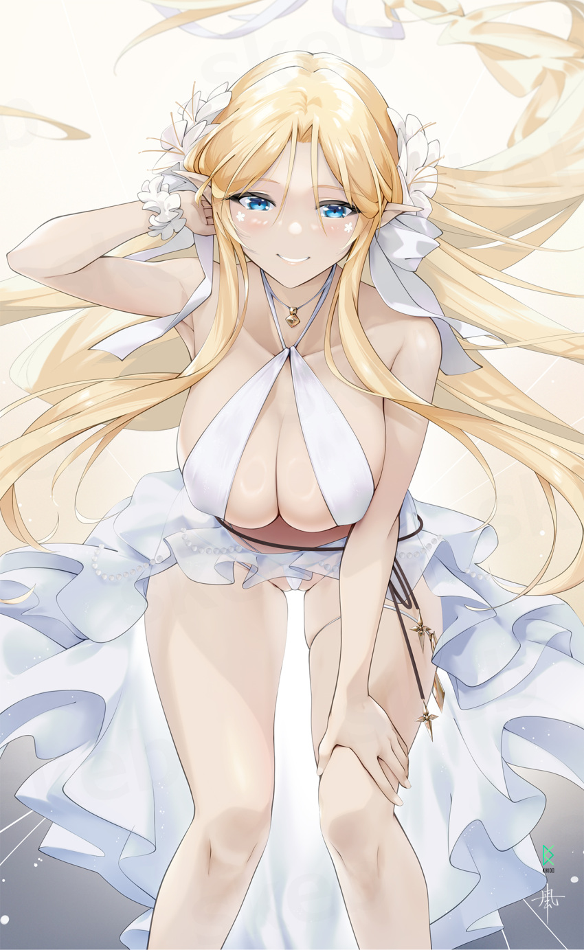 1girl azur_lane bikini bikini_skirt blonde_hair blue_eyes breasts brest_(azur_lane) brest_(marine_muse)_(azur_lane) cleavage commentary_request commission criss-cross_halter elf flower flower_sticker forehead grin hair_flower hair_ornament halterneck highres jewelry large_breasts leaning_forward long_hair looking_at_viewer nagi-kaze necklace official_alternate_costume parted_bangs pointy_ears skeb_commission skindentation smile solo sticker_on_face swimsuit thigh_gap thigh_strap very_long_hair