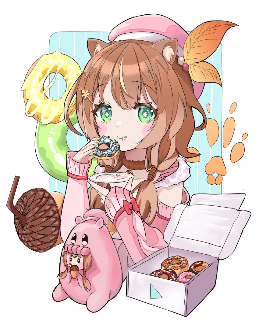 +_+ 1girl :t ainouyu animal_ears ayunda_risu ayunda_risu_(1st_costume) beret blush brown_hair chewing commentary detached_sleeves doughnut eating food food_on_face green_eyes hair_ornament hairclip hat highres hololive hololive_indonesia long_hair low_twintails pink_headwear solo squirrel_ears twintails virtual_youtuber